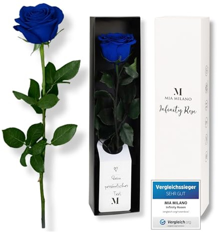 Mia Milano Infinity Rose blau am Stiel (5 Jahre haltbar) in Geschenkbox | Deko Geschenk für Sie | Eine konservierte Blume mit Rosenduft | Inkl. Geschenkkarte