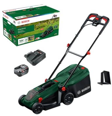 Bosch Cordless Lawn Mower ROTAK18V-32 (Cutting Width: 32 cm, Height of Cut: 25-65 mm, 35 l Fabric Grass Bag, Mulch plug, incl Battery and Charger)