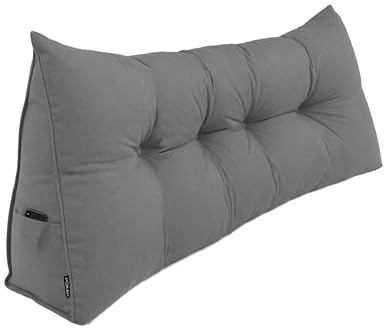 POKAR Rückenkissen 180x50x20 cm | Lesekissen für Bett und Sofa | Großes Keilkissen als Sofakissen für Rückenlehne | Wandkissen mit praktischen Seitentaschen | Oeko Tex 100 Zertifiziert | Grau