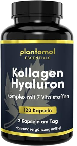 Kollagen Hyaluron Kapseln - 2 Monatsvorrat - plantomol® Essentials | Kollagen Komplex mit Hyaluronic Acid - 1000mg Kollagen Kapseln hochdosiert + 150mg Hyaluronsäure /Tag + Biotin Zink Vitamin C