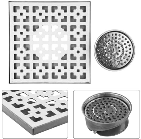 Siphon de sol carré en acier inoxydable 304 avec filtre à cheveux, anti-odeurs et anti-parasites pour salle de bain, cuisine, garage, 20 x 20 cm