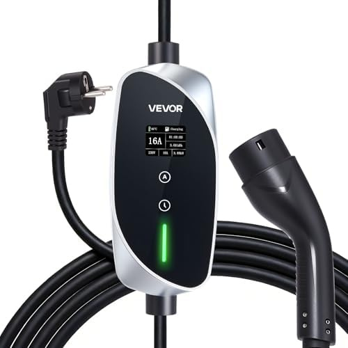 VEVOR Chargeur Voiture Électrique 3,6 KW Borne Recharge Véhicule Électrique Mobile 16 A avec Câble Recharge Type 2 6 m, Prise Schuko 16 A Monophasé, Écran LCD, Courant Réglable, Boîtier Commande IP66