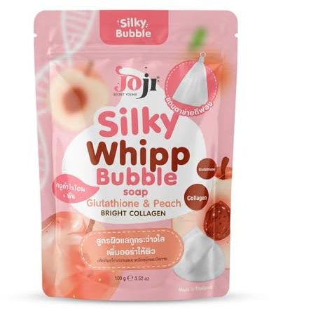 Joji Secret Young Silky Whipp Bubble tvålstycke | Ansikts- och kroppsrengöring med glutation, persika och kollagen | Rikt skum | 100 g | Tillverkad i Thailand