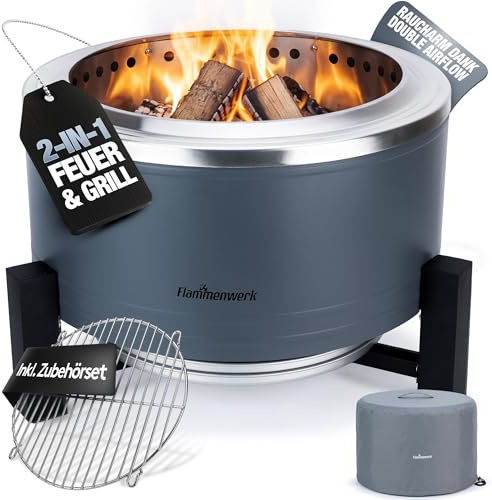 Braciere in acciaio inox senza fumo, Ø 56 cm, a basso consumo di fumo grazie al bruciatore turbo | 2 in 1 braciere e barbecue per giardino, campeggio e terrazzo, per legno e pellet senza fumo