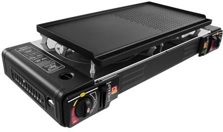 Fornello a gas 2 in 1 con cartuccia, fornello a gas da campeggio con piastra per la griglia, fornello a butano/gas per camper per escursioni in campeggio, raduni o altre attività di cucina all'aperto