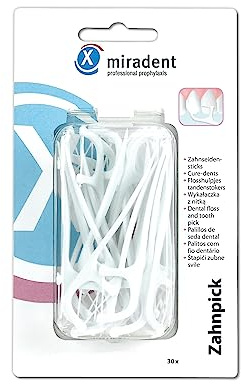 miradent Zahnpick® 2-in-1 einzeln blisterverpackt 30 St. | zur Entfernung grober Speisereste (Griff: Zahnstocher) | zur Entfernung von Zahnbelag und feinen Speiseresten (Zahnseide ungewachst)