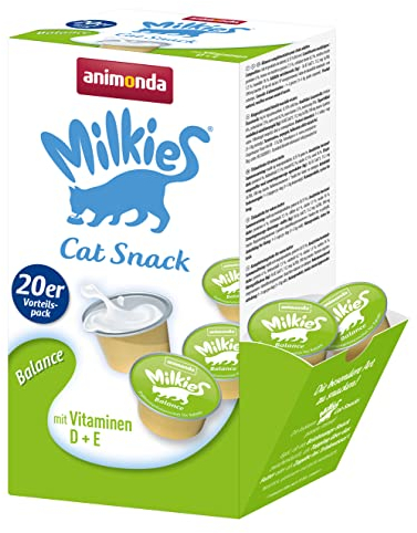 Animonda Milkies Katzen Milchsnacks, schmackhaft und leicht verdaulich, Katzensnacks in verschieden Geschmacksrichtungen für erwachsene Katzen und in nachhaltigen Packungsgrößen, ohne Soja und Zucker, 20er Balance 20 x 15g (80 Cups)