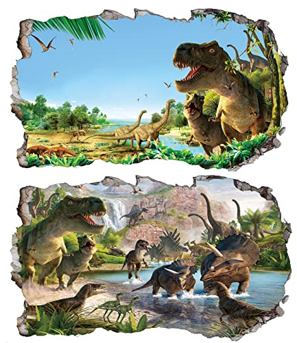 Chicbanners 2Pcs Dinosaurier Dino Urzeit T-rex Wandtattoo 3D Effekt Wandsticker XXL Wanddurchbruch Tiere Fenster Wandaufkleber für Kinderzimmer Jungenzimmer Groß 1000mmx580mm v09