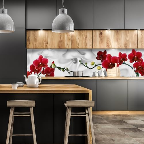 wandmotiv24 Küchenrückwand Orchideen Rot Weiß Pflanze Hintergrund 240 x 50cm (B x H) - Acrylglas 3mm Nischenrückwand, Spritzschutz, Fliesenspiegel-Ersatz, Deko Küche M1148