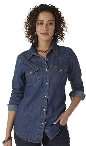 Wrangler Women's Western Long Sleeve Denim Snap Shirt, Dark Denim, L UK