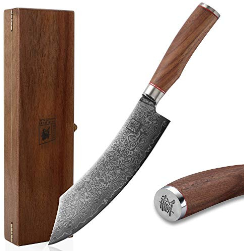 zayiko Kurumi Premium Blockmesser mit 20 cm Klinge gefertigt aus 67 Lagen echtem Damaststahl mit Nussbaumgriff I Holzbox I Damastmesser Küchenmesser und Profi Kochmesser
