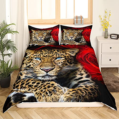 Homewish Leopard Bettbezug, Cheetah Bettwäscheset Rose Blume Trösterbezug 155x220, Für Kinder Jungen Teenager Frauen Schlafzimmer Dekor, African Safari Tier Bettbezug Mit 1 Kissenbezug, Braun