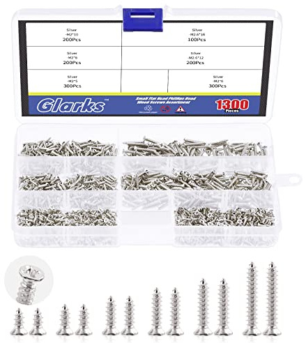 Glarks Kleine Holzschrauben, 5 mm, 6 mm, 7 mm, 8 mm, 10 mm, silberfarben, selbstbohrend, flache Kreuzkopfschrauben, Sortimentskit für Heimmöbel Dekor (Silber)
