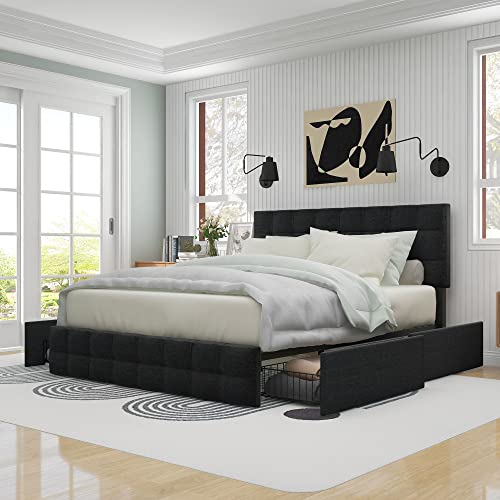 Merax Polsterbett mit 4 Schubladen, Doppelbett mit Lattenrost, 140x200cm Stauraum Bett mit höhenverstellbares Kopfteil & quadratisches Nähdesign, Leinenmaterial, für Erwachsene&Jugendliche, Schwarz