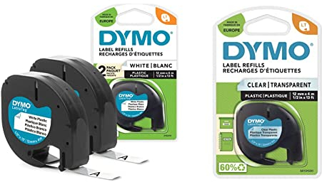 DYMO Original LetraTag Etikettenband | schwarz auf weiß | 12 mm x 4 m | selbstklebendes Kunststoff Schriftband & Original LetraTag Etikettenband | schwarz auf transparent | 12 mm x 4 m