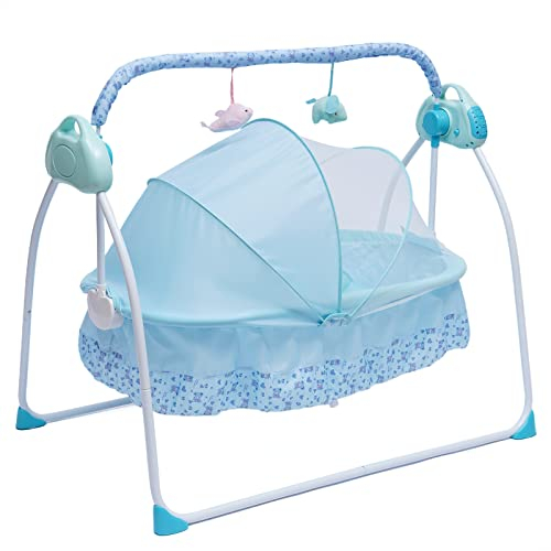 Babyschaukel Elektrisch Baby Swing Schaukelwippe Babywiege, Spielt 12 Melodien, 5 Schaukelrichtungen 0-18 Monate 25 kg (ohne Batterie) (blau)