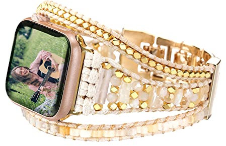 URPANDA Leder-Perlenarmband, kompatibel mit Apple Watch, Armband, 40 mm, 38 mm, 41 mm, Kristall-Boho-Wickelarmband, Ersatzarmband für iWatch, Ultra Series 8, 7, SE 6, 5, 4, 3, 2, 1, beige