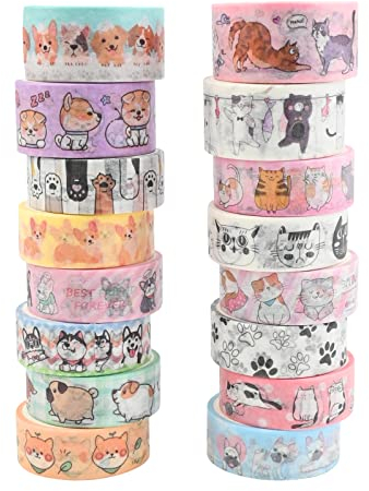 16 Rolls Washi Tape Mignon Animaux Multi-Motifs Ruban de Masquage en Papier Décoratif Kawaii Chien Chat Ruban Adhésif Washi Esthétique Japonais Autocollant pour Scrapbooking Artisanat Emballage Cadeau