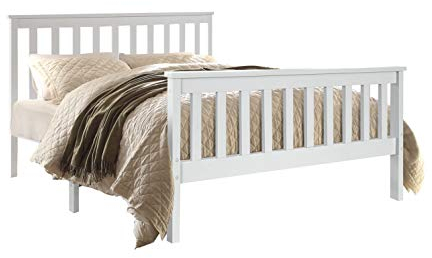 BUYEREMPIRE 4ft Small Double Wood Bed Frame with Mattress Sprung Gel Memory Foam White Pine Solid wood Bed Frame Shaker Style UK (4FT Small Double)