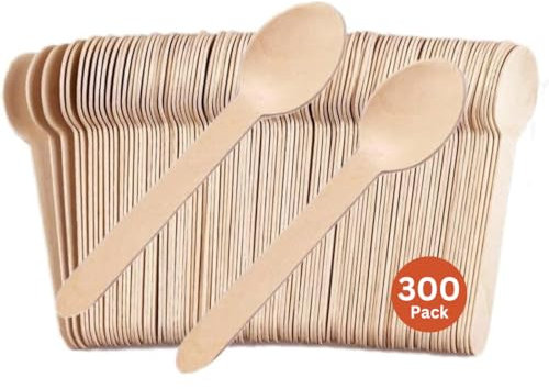 300 x Disposable Wooden Spoons – 16 cm Birchwood Eco-Friendly Cutlery | Biodegradable, Plastic-Free, BPA-Free, Food-Safe Compostable Spoons for Parties, Weddings, BBQs, Picnics & Catering