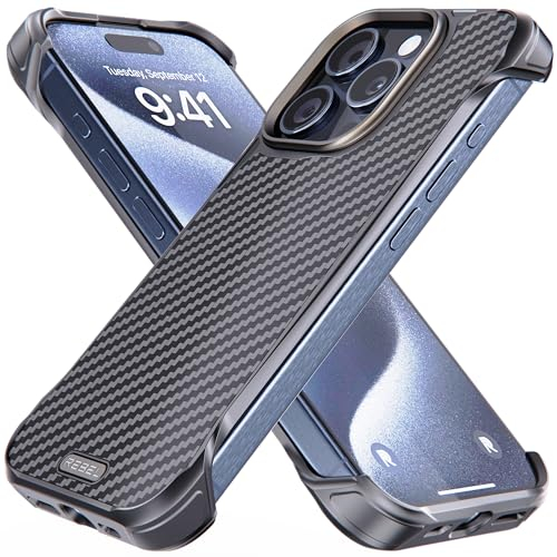 REBEL Handyhülle für iPhone 15 Pro, Flex-Serie, offene Seiten für Komfort, Aramidfaser, MagSafe-kompatibel, stoßfeste Ecken, Metallschutz, rahmenloses Design, 6,1 Zoll, 2023 (Flex)