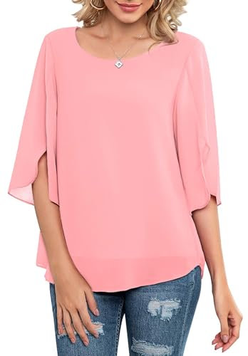 Neineiwu Womens Blouses Ruffle 3/4 Sleeve chiffon Ladies Tops Chiffon Double-Layered Tunic Tops Loose Flowy Shirts,Light Pink,L