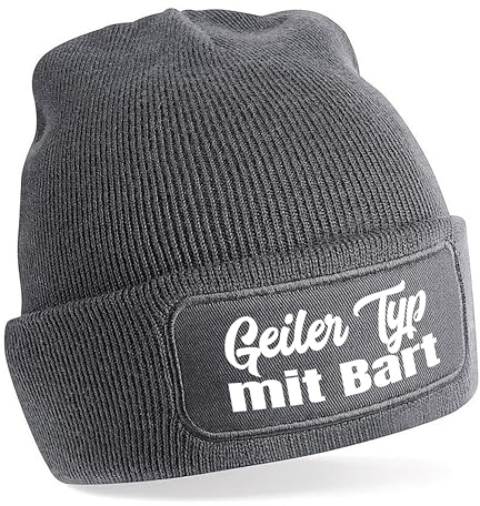 Beanie Strickmütze mit Spruch | Geiler Typ mit Bart | grau | Unisex SoftTouch angenehm weiche und warme Wintermütze | OneSize Einheitsgröße für Erwachsene