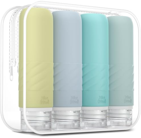 Gemice Travel Bottles for Toiletries, CAA Approved 90ml Silicone Travel Bottles, Leak Proof Squeezable Travel Size Containers, Travel Essentials for Lotion Soap Liquid Shampoo, BPA Free(4 Pack)