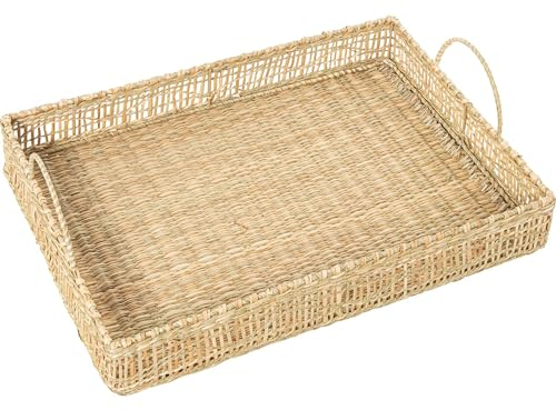 Vassoio con manici rettangolare in erba di mare in naturale 35x50x15 cm