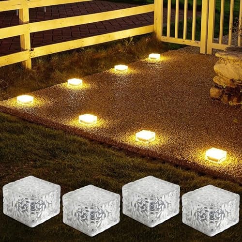 4er-Set Solar Glas Pflastersteine Außenleuchte, Wasserdicht LED Solar Bodenleuchten Solarlampen Außen Pflastersteine Wegbeleuchtung Dekoration Lichter für Garten Terrasse Schritte Deko, 7x7x5cm