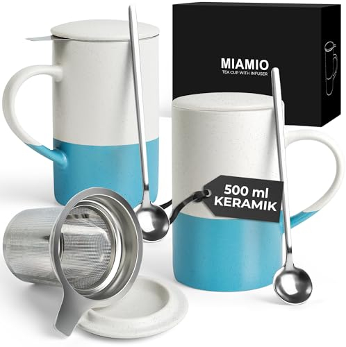 MIAMIO - Set de tasses à thé 2 x 500 ml avec infuseur et couvercle/Tasse de thé en céramique avec infuseur et cuillère pour l'infusion de thé en feuilles (Bleu)