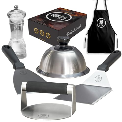 SMASH&CO - Kit Smash Burger Chef Edition - Acero INOX - Certificado UE Contacto con Alimentos - Incluye: Smasher, Campana, Dos espatulas, salero - Delantal Gratis