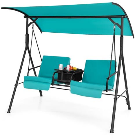 SFAREST 2-Person Garden Swing Chair, Patio Hanging Chair with Adjustable Canopy, 23L Cooler Bag, 360° Rotatable Tray, Cup Holders & Removable Cushion, Hammock Loveaseat for Porch Backyard (Turquoise)