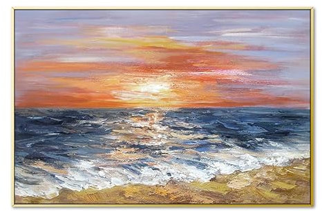 LCDIUDIU Ölbilder Auf Leinwand Handgemalt,Moderne Große Ölgemälde Ungerahmt Auf Leinwand Handgemalt Abstrakt Blau Meer Strand Sonnenuntergang Bunte Wolken Landschaft Wandkunst für Wohnzimmer Sc