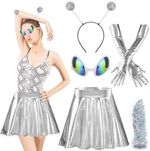 SelfTek Costume d'Alien pour Femme - Déguisement Alien Femme, Jupe Patineuse Extensible Métallisée, Accessoires Brillants (Chapeau, Lunettes, Gants) - Tenue de Rave, Carnaval, Cosplay, Fête à Thème