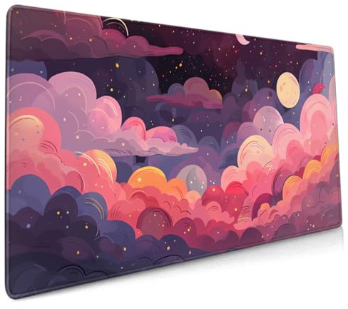 Mauspad Cute Rainbow XXL 90x40cm Rosa Lila Aesthetic Muster Kawaii Großes Gaming Mauspad für Gaming Tastatur rutschfeste Gummibasis Genähte Kanten für Zuhause