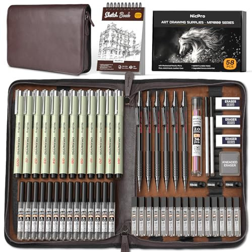 Nicpro 58-teiliges Zeichenset in Lederetui, MP1000 Druckbleistift Set aus schwarzem Metall mit Zeichenbleistift 0,5, 0,7, 0,9 und 2 mm, 12-Mikron-Stift, Skizzenbuch, 30 Minen zum Skizzieren