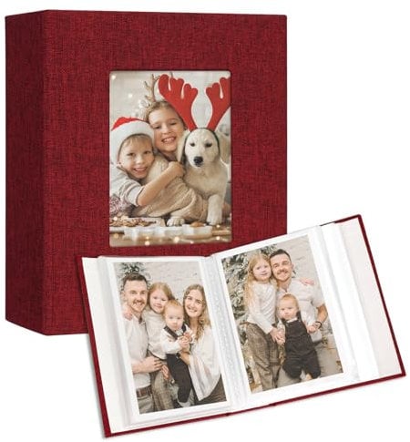 Vienrose Fotoalben Klein 10x15 Fotos 2 Pack Leinen Cover mit Frontfenster, Einsteckalbum 50 Taschen mit 100 Fotos, Aufbewahrung von Kunstwerken oder Postkarten Rot