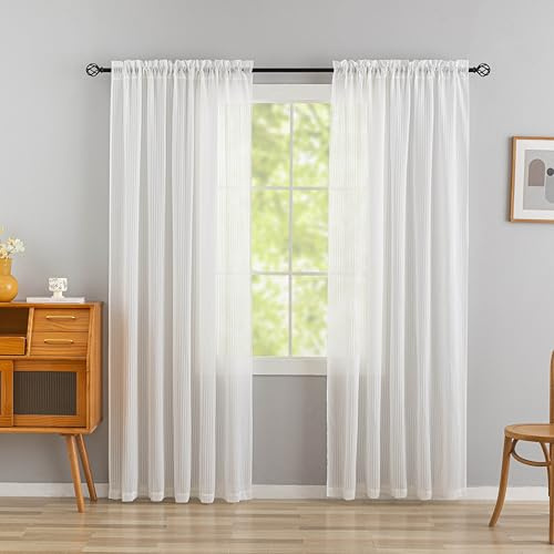 Home Brilliant White Stripe Voile Sheer Curtains Window Treatment Set of 2 Net Curtains Drapes for Privacy, 96 inches Drop