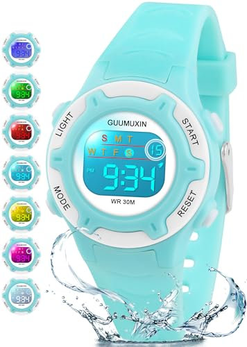GUUMUXIN Digitale Kinderuhr, Kinder Sportuhr mit 7 Farbigem Indikatorlicht, Acryl-Uhrenscreen, 3 ATM Wasserdicht, Band Armbanduhr für Mädchen Jungen 6-16 Jahre