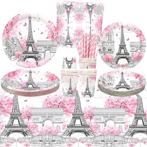 LSJDEER Paris Partyzubehör – Eiffelturm Geschirr – Teller, Desserts, Becher, Servietten, Tischdecke, Strohhalme – Geburtstags- & Babyparty, 20