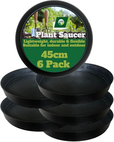 6 Pack Outdoor & Indoor Plant Pot Saucers – Frost & Crack Resistant. Durable Round Black Trays, High Rims, Lightweight And Reusable. UK Made. Prevent Surface Damage & Catch Excess Water. 45cm Diam.