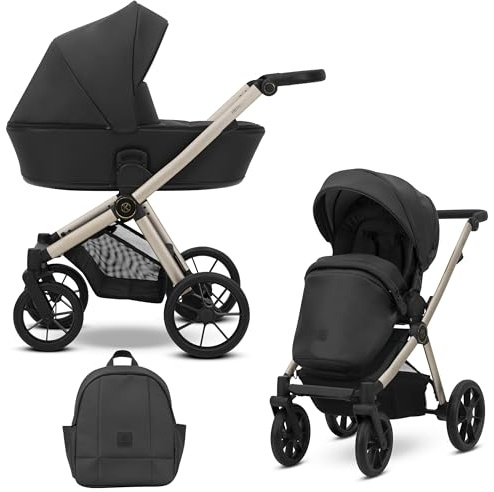 Kunert BRAV 2 in 1 Kinderwagen Babywanne Sportsitz wendbar Aluminiumrahmen leicht Komfort Design Regenschutz Moskitonetz Flaschenhalter Rucksack Korb (Black Eco)