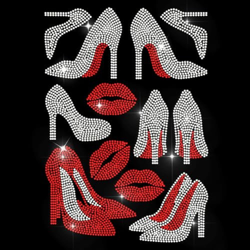 MAYJOYDIY High Heels Rhinestone Iron on Hotfix Rhinestone Red Lips Transfer Applique Classy Lady Heat Transfer Decal Bling Patch Clothing Repair Applique for T-Shirts Bag Shoes Hat DIY Decor