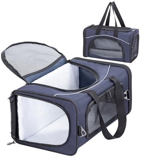 Petsfit Transporttasche Katze & Hundetasche Flugzeug | Flugtasche für Hunde & Transportbox Katze | Flugtaugliche Haustiertasche | Sicherer Transport in Auto, Flugzeug und Bahn, M/Blau