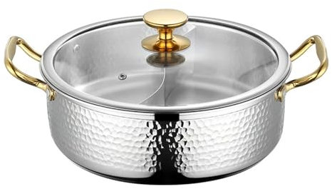 Stainless Steel Hot Pot with Lid, Stainless Steel Divided Hot Pot, Dual Sided Hot Pot, Doublé Flavored Hot Pot, for Home Cooking Divider Pan for Versatile Kitche(26cm)