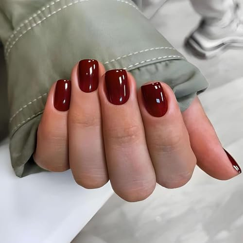 Wine Red Press on Nails,Square False Nails Short,24pcs Burgundy French False Nails with Glue,12 Sizes Glossy Cherry Stick on Nails - Full Cover French Tip False Nail for Women and Girls