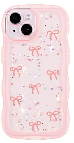 ZTOFERA Curly Wave Frame Case for iPhone 14 6.1, Glitter Sparkle Star Bow Phone Case, Soft TPU Shockproof Protective Bumper Cover, Pink Bow