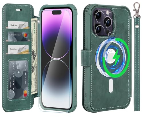 VANAVAGY Wallet Case for iPhone 14 Pro for Magsafe,Forest green | PU Leather Flip,Slim,12ft Drop Protection,RFID Blocking Card Holder,Magsafe Wireless Charging,Includes Screen Protector