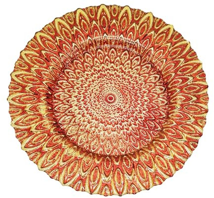 Red Glass Charger Plate with Luxury Peacock Design – 33cm Round Underplate for Weddings, Decorations, Parties, Special Events, Anniversaries, Birthdays, Catering, and Tableware - 1 Pc